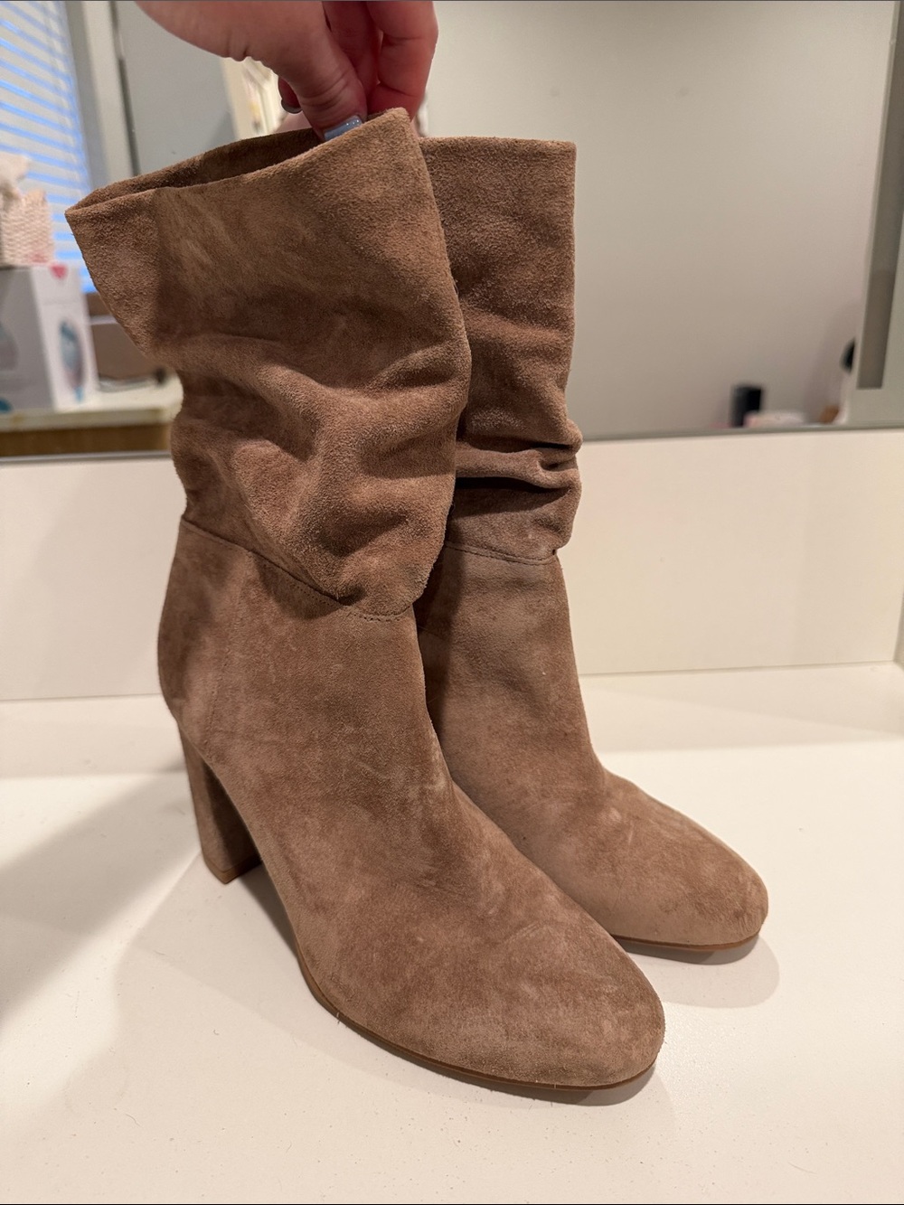 Chinese Laundry Taupe Slouchy Suede Mid-Calf Block Heel Boots